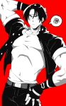 1boy arms_behind_head bangs belt black_hair blush collarbone embarrassed fingerless_gloves gloves headband highres jacket kusanagi_kyou large_pectorals looking_away male_focus muscular muscular_male parted_bangs pectorals school_uniform shirt short_hair solo the_king_of_fighters tingenamo white_shirt 