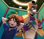  2boys arm_behind_head bandaid bandaid_on_face bow bowtie brown_hair child claws dirty dirty_clothes facepaint fangs five_nights_at_freddy&#039;s five_nights_at_freddy&#039;s:_security_breach freddy_fazbear frown fullbban_g glamrock_freddy glowing glowing_eyes gregory_(fnaf) hat highres light light_rays looking_to_the_side multiple_boys nervous open_mouth orange_eyes robot shirt short_sleeves shoulder_pads spiky_hair sweat sweatdrop t-shirt teeth tongue wristband yellow_eyes 