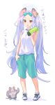  1girl alternate_costume animal_ears bangs blue_archive bottle bow ear_tag fang full_body grey_hair gym_shorts halo hand_in_pocket headband highres holding holding_bottle kyuuri_(miyako) light_blush long_hair looking_at_viewer mouse mouse_ears mouse_girl mouse_tail open_mouth parted_bangs red_eyes saya_(blue_archive) shirt short_eyebrows shorts simple_background sleeveless tail water_bottle white_background white_footwear white_shirt 