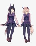  2girls admire_vega_(umamusume) animal_ears brown_footwear brown_hair closed_eyes closed_mouth curren_chan_(umamusume) full_body grey_background grey_hair highres holding_hands horse_ears horse_girl horse_tail invisible_chair long_hair long_sleeves looking_at_another low_ponytail marumarukin multiple_girls purple_legwear purple_shirt purple_skirt sailor_collar school_uniform shirt shoes short_hair simple_background sitting skirt smile tail tracen_school_uniform umamusume 