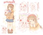  1girl 7010 alcremie blue_skirt blush boots brown_eyes brown_footwear brown_hair commentary_request dot_nose flower food fruit full_body hair_flower hair_ornament hat height_chart holding idolmaster idolmaster_cinderella_girls long_sleeves looking_at_viewer looking_away medium_hair mimura_kanako multiple_views open_mouth pokemon pom_pom_(clothes) skirt split_mouth strawberry translation_request upper_body white_background 