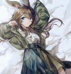 1girl amiya_(arknights) animal_ear_fluff animal_ears arknights arm_up bangs bed_sheet black_skirt blue_eyes brown_hair commentary_request dated eyebrows_visible_through_hair green_jacket hair_between_eyes jacket long_hair long_sleeves looking_at_viewer lying on_back open_clothes open_jacket packiiy parted_lips pleated_skirt rabbit_ears shirt signature skirt solo very_long_hair white_shirt 