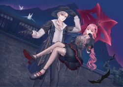  1boy 1girl animal asymmetrical_hair bat_(animal) black_bloomers black_bow black_dress black_gloves black_ribbon black_shoes bloomers blue_coat blue_hat blunt_bangs bow brown_eyes buttons closed_mouth coat cobblestone collared_shirt commentary contrast_collar crescent cross-laced_armwear dream-like_night_(infinity_nikki) dress dress_pants dress_shirt dutch_angle english_commentary expressionless eyelashes feet_out_of_frame floating frilled_dress frilled_sleeves frills full_body game_screenshot_background giovanni_(infinity_nikki) gloves gothic_lolita grey_eyes grey_hair grey_pants grey_pantyhose hair_between_eyes hair_bow hair_ribbon hand_on_headwear hand_on_own_cheek hand_on_own_face happy hat heart heart_print high-waist_pants high_heels highres infinity_nikki layered_sleeves light_frown lolita_fashion long_hair long_sidelocks long_sleeves looking_at_viewer low_twintails mountain multiple_hair_bows nao_(sprinkanao) night nikki_(nikki) nikki_(series) open_clothes open_coat origami outdoors outstretched_hand pants pantyhose paper_crane paperclip pink_hair pink_shirt print_dress puffy_long_sleeves puffy_short_sleeves puffy_sleeves pumps railing red_umbrella ribbon scar scar_on_chest screenshot_background see-through_pantyhose shirt shirt_under_dress shoes short_dress short_hair short_over_long_sleeves short_sleeves sidelocks smile standing torn_clothes torn_pantyhose torn_umbrella tree tress_ribbon twintails umbrella umbrella_over_shoulder very_long_hair watermark wavy_hair white_shirt 