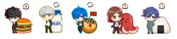  ! !? 5boys ? amamiya_ren black_hair black_jacket black_pants blue_eyes blue_hair bottle brown_eyes brown_hair burger catfish05 chibi chibi_only closed_mouth collared_shirt food food_art full_body gekkoukan_high_school_uniform grey_eyes grey_hair hands_in_pockets hashtag-only_commentary highres jacket long_sleeves looking_at_viewer looking_to_the_side male_focus milk milk_bottle multiple_boys narukami_yu onigiri open_mouth pants persona persona_1 persona_2 persona_3 persona_4 persona_5 purple_hair s.e.e.s school_uniform seven_sisters_high_school_uniform shirt short_hair shuujin_academy_school_uniform simple_background speech_bubble spoken_exclamation_mark spoken_interrobang spoken_question_mark st._hermelin_school_uniform standing suou_tatsuya tako-san_wiener takoyaki toudou_naoya white_background white_shirt wide_image yasogami_school_uniform yuuki_makoto_(persona_3) 