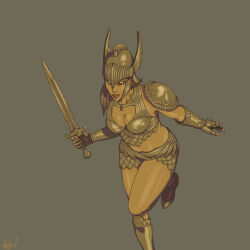  1girl absurdres armor armored_boots bad_link black_sclera boobplate boots breasts brown_background clawed_gauntlets cleavage_cutout clothing_cutout colored_sclera crop_top dovahkiin_(arvinalizadeh9) gold_armor gold_skin gold_skirt gold_weapon golden_saint_(aureal) helmet highres holding holding_sword holding_weapon looking_at_viewer midriff revealing_clothes scale_armor shoulder_armor signature solo sword the_elder_scrolls the_elder_scrolls_iv:_oblivion thighs weapon winged_helmet yellow_eyes 