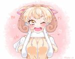  1girl blonde_hair blush breasts brown_eyes character_request elbow_gloves gloves hands_on_own_face kedama_(ughugjydthjdf) kemono_friends large_breasts looking_at_viewer one_eye_closed open_mouth short_hair smile solo teeth twitter_username upper_teeth white_gloves 