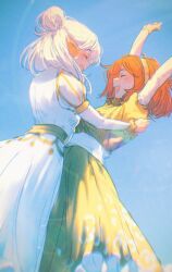 2girls :d \o/ absurdres arms_up asimov_(spindle_(aidenr0)) belt blue_background bob_cut breasts closed_eyes dancing dress elf face-to-face facing_another feet_out_of_frame green_dress hair_up hairband highres juliet_sleeves long_sleeves loose_hair_strand medium_breasts medium_hair multiple_girls open_mouth original ottilie_(spindle_(aidenr0)) outstretched_arms pointy_ears puffy_sleeves revision sash short_hair smile spindle_(aidenr0) white_belt white_dress white_hair white_sash yellow_belt yellow_hairband yellow_sash 