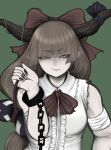  1girl absurdres bangs blunt_bangs bow bowtie breasts brown_eyes brown_hair brown_horns chain commentary_request cuffs eyebrows_visible_through_hair fingernails gourd green_background hair_bow highres horn_bow horn_ornament horns ibuki_suika long_hair looking_at_viewer low-tied_long_hair medium_breasts miazuma_sarin pointy_ears purple_bow red_bow red_bowtie sharp_fingernails shirt simple_background sleeveless sleeveless_shirt solo torn_clothes torn_sleeves touhou upper_body white_shirt 