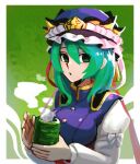  1girl balance_scale bangs blue_headwear cup epaulettes frilled_hat frills gradient gradient_background green_background green_eyes green_hair hat highres holding holding_cup iganashi1 juliet_sleeves long_sleeves looking_at_viewer open_mouth puffy_sleeves shiki_eiki short_hair smoke solo touhou upper_body weighing_scale 