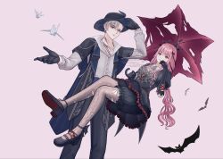  1boy 1girl animal asymmetrical_hair bat_(animal) black_bloomers black_bow black_dress black_gloves black_ribbon black_shoes bloomers blue_coat blue_hat blunt_bangs bow brown_eyes buttons closed_mouth coat collared_shirt commentary contrast_collar crescent cross-laced_armwear dream-like_night_(infinity_nikki) dress dress_pants dress_shirt english_commentary expressionless eyelashes feet_out_of_frame floating frilled_dress frilled_sleeves frills full_body giovanni_(infinity_nikki) gloves gothic_lolita grey_eyes grey_hair grey_pants grey_pantyhose hair_between_eyes hair_bow hair_ribbon hand_on_headwear hand_on_own_cheek hand_on_own_face happy hat heart heart_print high-waist_pants high_heels highres infinity_nikki layered_sleeves light_frown lolita_fashion long_hair long_sidelocks long_sleeves looking_at_viewer low_twintails mountain multiple_hair_bows nao_(sprinkanao) nikki_(nikki) nikki_(series) open_clothes open_coat origami outstretched_hand pants pantyhose paper_crane paperclip pink_background pink_hair pink_shirt print_dress puffy_long_sleeves puffy_short_sleeves puffy_sleeves pumps red_umbrella ribbon scar scar_on_chest screenshot_background see-through_pantyhose shirt shirt_under_dress shoes short_dress short_hair short_over_long_sleeves short_sleeves sidelocks simple_background smile standing torn_clothes torn_pantyhose torn_umbrella tress_ribbon twintails umbrella umbrella_over_shoulder very_long_hair watermark wavy_hair white_shirt 