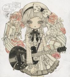  1girl acrylic_paint_(medium) angel_wings arched_bangs beret blonde_hair blush bow box bracelet braid closed_mouth colored_pencil commentary earrings electric_guitar flower flower_wreath frilled_skirt frills full_body gift gift_box guitar guitar_strap hair_bow hat headband highres holding holding_guitar holding_instrument instagram_logo instagram_username instrument jacket jewelry karintoun lace large_ribbon long_eyelashes long_hair long_sleeves looking_at_viewer neck_ribbon original painting_(medium) pale_skin pastel_colors pencil plaid_clothes plaid_jacket pleated_skirt postmark ribbon rose signature single_wing sketch skirt solo standing straight-on stud_earrings symbol-only_commentary traditional_media twin_braids twitter_username twitter_x_logo watercolor_(medium) watermark white_background wings wreath 