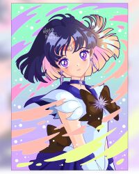  1girl artist_logo back_bow bishoujo_senshi_sailor_moon bow bowtie choker circlet commentary earrings elbow_gloves english_commentary from_side gloves highres hugo.did.that jewelry logo looking_at_viewer magical_girl medium_hair miniskirt purple_choker purple_hair purple_sailor_collar purple_skirt sailor_collar sailor_saturn sailor_senshi sailor_senshi_uniform skirt solo star_(symbol) star_choker tomoe_hotaru violet_eyes white_gloves 