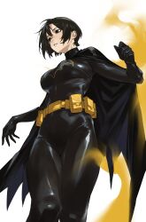  1girl absurdres asymmetrical_bangs batgirl batman_(series) batman_symbol belt black_bat_costume black_bodysuit black_hair bodysuit breasts cape cassandra_cain clenched_hand dc_comics from_below gas gloves highres large_breasts no_mask parted_lips pigeon_pose short_hair sidelocks skin_tight solo standing superhero_costume taiyang_yu thick_thighs thighs under_boob utility_belt white_background 