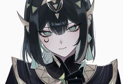  1girl black_gloves closed_mouth commentary earrings facial_mark genshin_impact gloves green_eyes green_hair hair_between_eyes highres index_finger_raised jewelry looking_at_viewer medium_hair mole mole_under_eye nefer_(genshin_impact) shirayuki_(shi_rayu_ki) simple_background white_background 