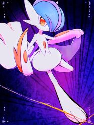  alternate_color arm_blade blue_hair cape colored_skin floral_background gallade hair_over_one_eye highres looking_at_viewer mega_gallade mega_pokemon orange_eyes pokemon pokemon_(creature) purple_background shiny_pokemon weapon white_cape white_skin yuri_(fl0werspace) 