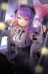  1girl absurdres balloon belt beret black_belt black_bow black_bowtie black_hat black_ribbon black_skirt bow bowtie cable_knit camera_flash cardigan collared_shirt commentary cowboy_shot cross cross-laced_clothes cross-laced_sleeves cross_earrings demon_girl demon_tail ear_piercing earrings english_commentary fangs frilled_shirt frilled_sleeves frills green_eyes green_nails grey_cardigan hair_between_eyes hair_bun hair_ornament hairclip hamelen7789 hat heart heart_balloon heart_earrings high-waist_skirt highres holding holding_phone hololive horned_hat indoors jewelry light_blush long_hair miniskirt mirror multicolored_hair nail_polish one_side_up open_cardigan open_clothes open_mouth phone piercing pink_nails pink_streaks pleated_skirt pom_pom_(clothes) pop_socket purple_hair reflection reflection_focus ribbon shirt short_sleeves single_side_bun skirt smile solo standing sticker suspender_skirt suspenders swept_bangs tail tail_ornament tail_piercing tokoyami_towa tokoyami_towa_(jirai_kei) two-tone_hair v virtual_youtuber white_shirt window x_hair_ornament 