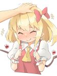  1girl :&gt; ^_^ arnest ascot bangs blonde_hair blush bow clenched_hands closed_eyes closed_mouth collared_shirt commentary_request eyebrows_visible_through_hair fang flandre_scarlet frilled_shirt_collar frills full-face_blush hair_bow hand_on_another&#039;s_head hands_up headpat heart highres medium_hair no_hat no_headwear one_side_up pointy_ears puffy_short_sleeves puffy_sleeves red_bow red_vest shirt short_sleeves sidelocks simple_background skin_fang solo touhou upper_body vest white_background white_shirt wings wrist_cuffs yellow_ascot 