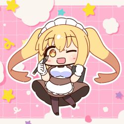  1girl apron black_shoes blonde_hair blush breasts brown_dress brown_pantyhose chibi chibi_only clipboard commentary_request curly_sue dress frilled_apron frills full_body gloves grid_background highres holding holding_clipboard holding_pen kafra_uniform long_hair looking_at_viewer maid maid_headdress medium_breasts open_mouth pantyhose pen pink_background puffy_short_sleeves puffy_sleeves ragnarok_online shizukushigure shoes short_sleeves smile solo star_(symbol) twintails white_apron white_gloves yellow_eyes 