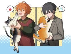  2boys akehoshi_subaru animal bbahot black_hair brown_jacket cat closed_eyes closed_mouth dog ensemble_stars! hair_between_eyes heart hidaka_hokuto highres holding holding_animal holding_cat holding_dog jacket korean_commentary long_sleeves male_focus multiple_boys one_eye_closed open_clothes open_jacket open_mouth orange_hair short_hair smile spoken_heart spoken_sweatdrop sweatdrop teeth tongue upper_body upper_teeth_only 