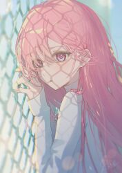  1girl blurry blurry_foreground braid braided_bangs closed_mouth depth_of_field highres light_particles long_hair necojishi original outdoors pink_eyes pink_hair shirt solo sunlight tears turtleneck turtleneck_shirt watermark white_shirt wire_fence 