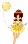  1girl balloon bangs brooch brown_hair closed_mouth crown dress earrings echo1215 gloves jewelry mario_party mario_party_3 princess_daisy retro_artstyle short_dress short_hair smile solo super_mario_bros. yellow_dress 