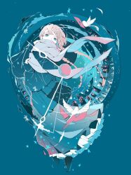  1girl analog_clock bag bird blue_eyes braid brown_hair clock dove handbag highres long_hair long_skirt night_sky nocopyrightgirl original scarf skirt snowflakes solo twin_braids winter 