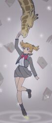  1girl anyaaa66 arm_up black_eyes black_shoes black_socks blonde_hair blurry blurry_background bow bowtie breast_pocket commentary_request daiba_nana depth_of_field falling_books fly_me_to_the_star_(revue_starlight) foot_up_heel_up full_body giraffe giraffe_(revue_starlight) green_ribbon grey_background grey_jacket grey_skirt highres jacket loafers long_sleeves looking_at_another looking_up mebachi_(style) miniskirt open_clothes open_jacket parted_lips pleated_skirt pocket reaching reaching_towards_another red_bow red_bowtie ribbon ripples school_uniform seishou_music_academy_uniform shirt shirt_tucked_in shoes short_hair shoujo_kageki_revue_starlight skirt socks sparkle standing standing_on_one_leg two_side_up white_shirt 