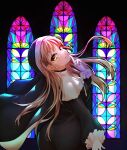  1girl absurdres backlighting brown_hair festa11307070 finger_to_mouth gloves habit head_tilt highres indoors long_hair looking_at_viewer looking_back nijisanji nun sister_cleaire solo stained_glass virtual_youtuber window 