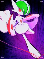  arm_blade cape colored_skin floral_background gallade green_hair hair_over_one_eye highres looking_at_viewer mega_gallade mega_pokemon pokemon pokemon_(creature) purple_background red_eyes weapon white_cape white_skin yuri_(fl0werspace) 