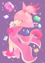  1girl animal_ears artist_name bad_id bad_pixiv_id blaze_the_cat blue_gem blush cat_ears cat_girl cat_tail dress flying_sweatdrops forehead_jewel from_above full_body fur-trimmed_shoes fur-trimmed_sleeves fur_trim furry furry_female gem gloves green_gem grey_gem high_heels high_ponytail holding holding_gem iiimirai looking_at_viewer looking_back looking_up pants pink_dress pink_fur pink_theme ponytail purple_background purple_gem simple_background sol_emerald solo sonic_(series) sparkle standing tail twitter_username white_gloves white_pants yellow_eyes yellow_gem 