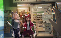  ! 1other 2girls :o alternate_costume animal_ears antenna_hair bag black_pants brown_hair clothes_writing convenience_store ear_covers ear_ribbon familymart grey_hair grey_shirt headband hishi_miracle_(umamusume) holding holding_bag horse_ears horse_girl horse_tail long_hair looking_at_viewer low_twintails medium_hair multiple_girls no_reason_(casual)_(umamusume) no_reason_(umamusume) ohtani_shohei open_mouth pants photo_background pov pov_hands purple_shorts raglan_sleeves red_happi red_headband shirt shop shopping_bag shorts tail tsukusawa_(tukunesour) twintails umamusume white_shirt 