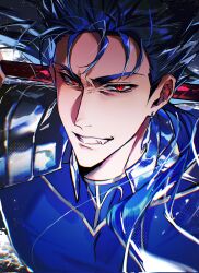  1boy armor black_background blue_bodysuit blue_hair bodysuit chromatic_aberration cu_chulainn_(fate) cu_chulainn_(fate/stay_night) cu_chulainn_(lancer)_(fate) earrings fangs fate/stay_night fate_(series) gae_bolg_(fate) hand_up highres holding holding_polearm holding_weapon jewelry long_hair looking_at_viewer low_ponytail male_focus polearm ponytail red_eyes shoulder_armor simple_background smile solo span_(shibanyu63868) spear spiky_hair teeth upper_body v-shaped_eyebrows weapon 