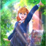  1girl :d arm_up bangs belt belt_buckle blue_jacket blurry blurry_background buckle collared_shirt commentary dated dress grey_dress hair_between_eyes highres hinata2325 jacket light_rays long_hair looking_at_viewer love_live! love_live!_superstar!! orange_hair outdoors pinafore_dress school_uniform shibuya_kanon shirt shrug_(clothing) signature smile solo string_tie sunlight swept_bangs teeth tongue upper_teeth violet_eyes waving white_shirt winter_uniform yuigaoka_school_uniform 