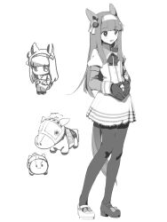  1girl animal_ears black_pantyhose blunt_bangs blush bow ear_bow ear_covers gloves hairband highres horse_ears horse_girl horse_tail michia_(bourgognepony) multiple_views open_mouth pantyhose school_uniform silence_suzuka_(umamusume) standing tail toy_horse tracen_school_uniform umamusume white_background white_hairband 
