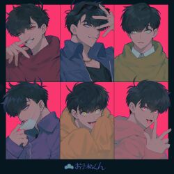  6+boys black_hair black_shirt blue_eyes blue_jacket brothers chinese_commentary closed_mouth collared_shirt commentary_request eyewear_on_head green_eyes green_sweater grin hand_on_own_forehead hand_up highres hood hood_down hoodie inuyama_(inuhill) jacket jewelry long_sleeves male_focus mask mask_pull matsuno_choromatsu matsuno_ichimatsu matsuno_jyushimatsu matsuno_karamatsu matsuno_osomatsu matsuno_todomatsu mouth_mask multiple_boys necklace open_clothes open_jacket open_mouth osomatsu-san osomatsu_(series) pink_eyes pink_hoodie pocket purple_jacket red_eyes red_sweater sanpaku sharp_teeth shirt short_hair siblings sleeves_past_fingers sleeves_past_wrists smile sunglasses sweater teeth v-neck variant_set violet_eyes white_shirt yellow_eyes yellow_hoodie 