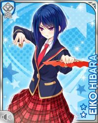  1girl blue_background blue_hair board_game card_(medium) character_name folding_fan girlfriend_(kari) hand_fan hibara_eiko holding holding_fan jacket necktie official_art plaid_clothes plaid_skirt pleated_skirt qp:flapper red_necktie red_skirt school_uniform shirt shogi short_hair skirt solo standing violet_eyes white_shirt 