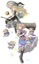  2girls alice_margatroid an9vj apron black_shoes blonde_hair blue_dress blue_eyes book boots bow bowtie braid broom broom_riding capelet doll dress flying frilled_dress frilled_hairband frilled_sash frills full_body grimoire grimoire_of_alice grin hair_bow hairband hat hat_bow highres holding holding_book jewelry kirisame_marisa lace-up_boots lance lolita_hairband long_hair mini-hakkero multiple_girls open_mouth petticoat polearm puffy_short_sleeves puffy_sleeves puppet_rings puppet_strings red_bow red_bowtie red_ribbon ribbon ring sash shanghai_doll shirt shoes short_hair short_sleeves sidesaddle simple_background single_braid smile socks star_(symbol) touhou weapon white_background white_bow white_capelet witch_hat yellow_eyes 