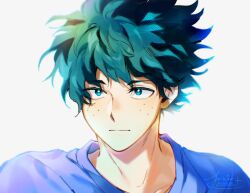  1boy blue_shirt boku_no_hero_academia closed_mouth freckles green_eyes green_hair highres joikzo male_focus midoriya_izuku shirt short_hair signature simple_background solo twitter_username white_background 