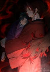  2boys black_hair brown_hair closed_eyes closed_mouth earrings gohan-1218 hanafuda_earrings haori high_ponytail highres japanese_clothes jewelry kimetsu_no_yaiba kimono long_hair looking_at_viewer male_focus multicolored_hair multiple_boys parted_lips ponytail purple_kimono red_hair red_haori sandals spiky_hair tsugikuni_michikatsu tsugikuni_yoriichi two-tone_hair upper_body very_long_hair 