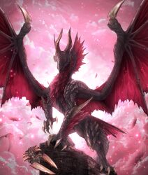  absurdres claws clouds cloudy_sky dragon highres horns malzeno_(monster_hunter) monster monster_focus monster_hunter_(series) monster_hunter_rise no_humans nutuki open_mouth perching qurio_(monster_hunter) red_eyes sharp_teeth sky solid_eyes spiked_tail spread_wings tail teeth white_scales wings 