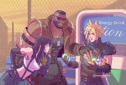  1girl 2boys arm_cannon armor bare_shoulders barret_wallace belt black_gloves black_hair black_skirt blonde_hair blue_eyes blue_sweater bracelet breasts brown_gloves brown_vest cloud_strife collarbone crop_top dark-skinned_male dark_skin dog_tags elbow_gloves english_commentary facial_hair final_fantasy final_fantasy_vii final_fantasy_vii_remake from_side gloves hand_on_own_hip holding jewelry leaning_forward long_hair looking_at_another materia medium_breasts midriff multiple_belts multiple_boys navel ominarty outdoors potion profile red_eyes scar scar_on_cheek scar_on_face short_hair shoulder_armor skirt sleeveless sleeveless_turtleneck spiky_hair sunglasses suspender_skirt suspenders sweater sword sword_on_back tank_top tifa_lockhart turtleneck turtleneck_sweater twitter_username upper_body vending_machine vest weapon weapon_on_back white_tank_top 