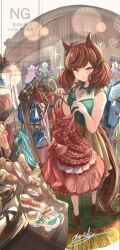  1girl animal_ears bag bikini blush bow breasts brown_eyes brown_hair brown_skirt clothes_hanger clothes_rack clothes_shop dress ear_bow ear_covers green_bow green_shirt hair_ornament hairclip holding holding_clothes_hanger holding_unworn_clothes holding_unworn_dress horse_ears horse_girl horse_tail looking_at_viewer mannequin medium_hair multicolored_hair nice_nature_(umamusume) parted_lips red_dress see-through_cleavage see-through_clothes shirt shoes shopping shoulder_bag skirt sleeveless sleeveless_shirt solo streaked_hair swimsuit swimsuit_hanger tail twintails umamusume unworn_clothes unworn_dress unworn_shirt unworn_swimsuit yatsuka_(846) 