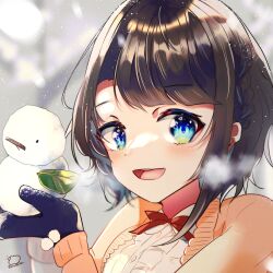  1girl :d absurdres artist_name black_mittens blue_eyes blurry blurry_background bob_cut bow bowtie braid breasts brown_hair cardigan emutakanoe frilled_shirt frills highres holding_snowman hololive long_sleeves looking_at_viewer medium_breasts mittens official_alternate_costume oozora_subaru oozora_subaru_(casual) open_cardigan open_clothes open_mouth pink_cardigan red_bow red_bowtie shirt short_hair side_braid signature smile snowing snowman solo swept_bangs upper_body virtual_youtuber white_shirt 