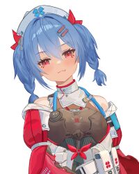  1girl :3 bare_shoulders blue_hair blush braid breasts colphne_(girls'_frontline_2) colphne_(silent_heart)_(girls'_frontline_2) fang girls'_frontline_2:_exilium girls_frontline hair_between_eyes hair_ornament hair_ribbon hairclip hat highres jacket looking_at_viewer medium_hair nurse_cap plunplun red_eyes red_ribbon ribbon small_breasts smile solo twin_braids twintails upper_body 