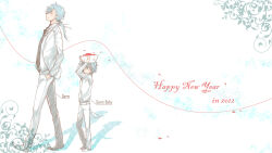  2012 2boys blue_eyes blue_hair bowl character_name closed_mouth commentary_request full_body happy_new_year hatii_(ragnarok_online) highres holding holding_bowl izumi0016 jacket long_sleeves looking_at_viewer low_ponytail male_focus multiple_boys pants personification ponytail ragnarok_online shirt short_hair smile vest walking white_background white_jacket white_pants white_shirt white_vest 