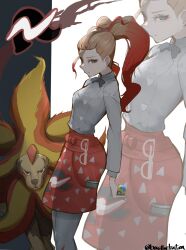  1girl apron black_bow black_bowtie blue_eyes bo_(bouillustration) bow bowtie breasts closed_mouth glasses gradient_hair griselle_(pokemon) highres holding holding_poke_ball mega_pokemon mega_pyroar multicolored_hair orange_apron orange_hair pantyhose poke_ball pokemon pokemon_(creature) pokemon_legends:_z-a ponytail pyroar quick_ball red_hair shirt split_ponytail two-tone_hair waist_apron white_hair white_pantyhose white_shirt zoom_layer 