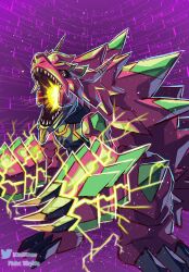  absurdres armalizamon armor claws digimon digimon_(creature) digimon_beatbreak electricity full_body highres lizard no_humans open_mouth pink_armor powering_up purple_background richard_park sharp_teeth teeth 