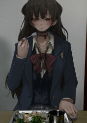  1girl bandaged_fingers bandages bandaid black_hair blazer blush brown_eyes cardigan commentary_request cup earrings eating food highres jacket jewelry konata_(kankin_jk) long_hair mask mask_pull mishiranu_joshikousei_ni_kankin_sareta_mangaka_no_hanashi mole mole_on_neck mouth_mask nail_polish neck_ribbon photo_background pov_across_table ribbon ryouma_(galley) school_uniform shirt solo spork table tray white_shirt 