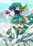 1boy :p apple aqua_eyes beret black_hair cape commentary_request food fruit genshin_impact gradient_hair green_cape green_headwear hat highres holding holding_food holding_fruit linreplica looking_at_viewer male_focus multicolored_hair solo tongue tongue_out twintails venti_(genshin_impact) 