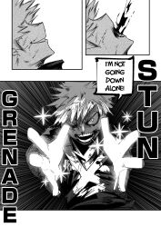  1boy absurdres attack bakugou_katsuki bleeding blood blood_on_cheek boku_no_hero_academia coughing coughing_blood english_commentary highres imminent_attack injury looking_at_viewer male_focus neitheyagi nosebleed one_eye_closed open_mouth reaching reaching_towards_viewer smile solo_focus sparkle spiky_hair superhero_costume sweat teeth 